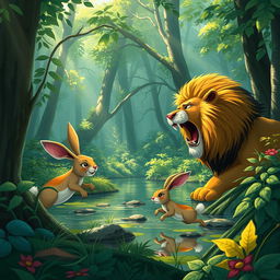 In a dense, lush forest, a clever little rabbit is depicted cleverly evading dangers