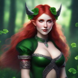 This realistic digital art image portrays a sensual red-haired elf woman, embodying the roles of a Viking sex goddess and warrior princess