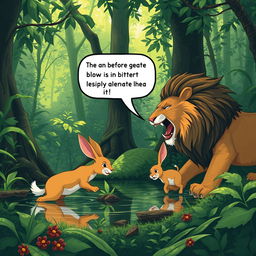 In a dense, lush forest, a clever little rabbit is depicted cleverly evading dangers