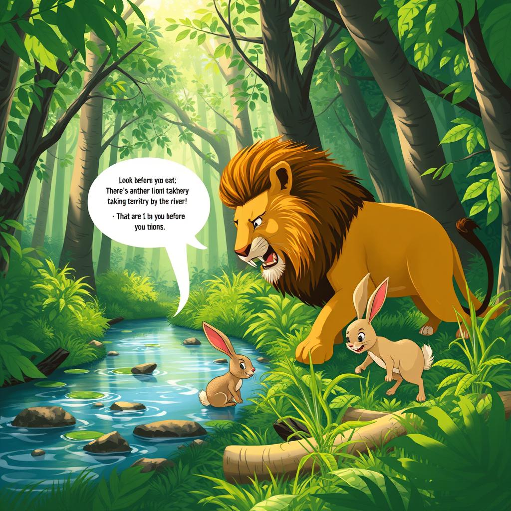 In a dense, lush forest, a clever little rabbit is depicted cleverly evading dangers