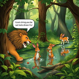 In a dense, lush forest, a clever little rabbit is depicted cleverly evading dangers
