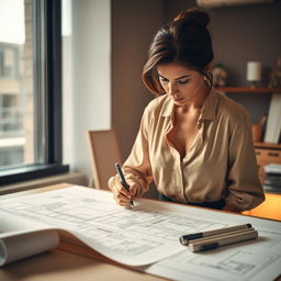 A focused architectural woman dressed in an open-neck blouse, intently sketching designs on a large blueprint spread out on a drafting table