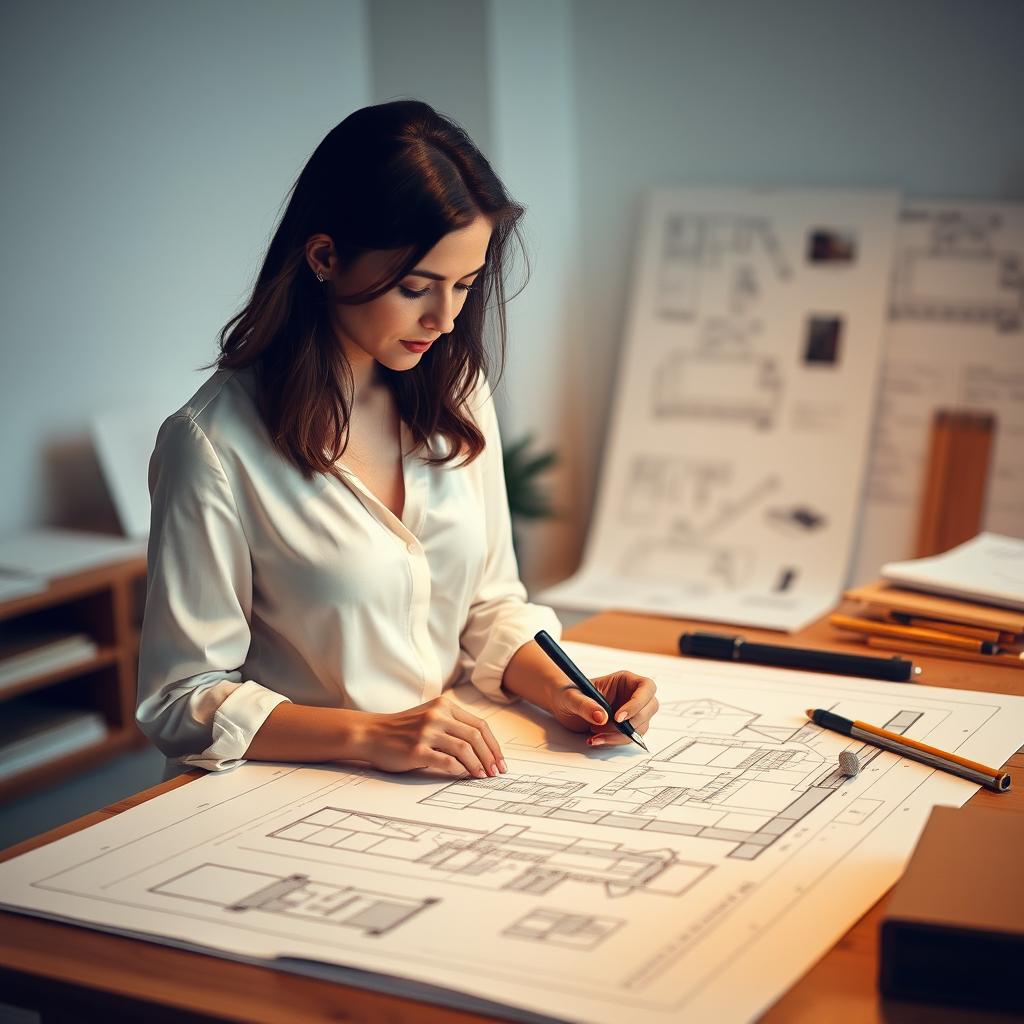 A focused architectural woman dressed in an open-neck blouse, intently sketching designs on a large blueprint spread out on a drafting table