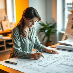 A focused architectural woman dressed in an open-neck blouse, intently sketching designs on a large blueprint spread out on a drafting table