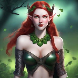 This realistic digital art image portrays a sensual red-haired elf woman, embodying the roles of a Viking sex goddess and warrior princess