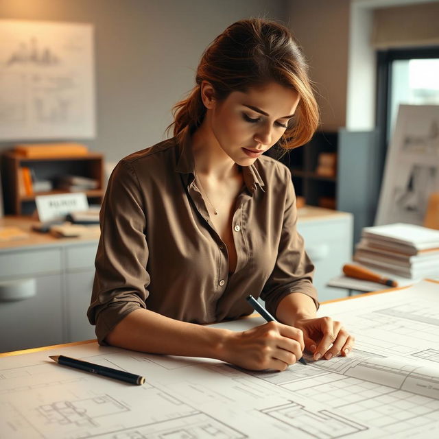 A focused architectural woman dressed in an open-neck blouse, intently sketching designs on a large blueprint spread out on a drafting table