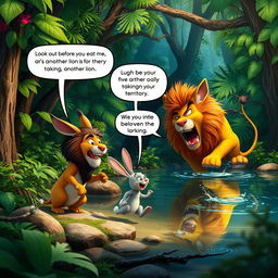 In a vibrant, dense forest filled with lush greenery, a clever little rabbit is depicted cleverly evading dangers with his sharp intelligence
