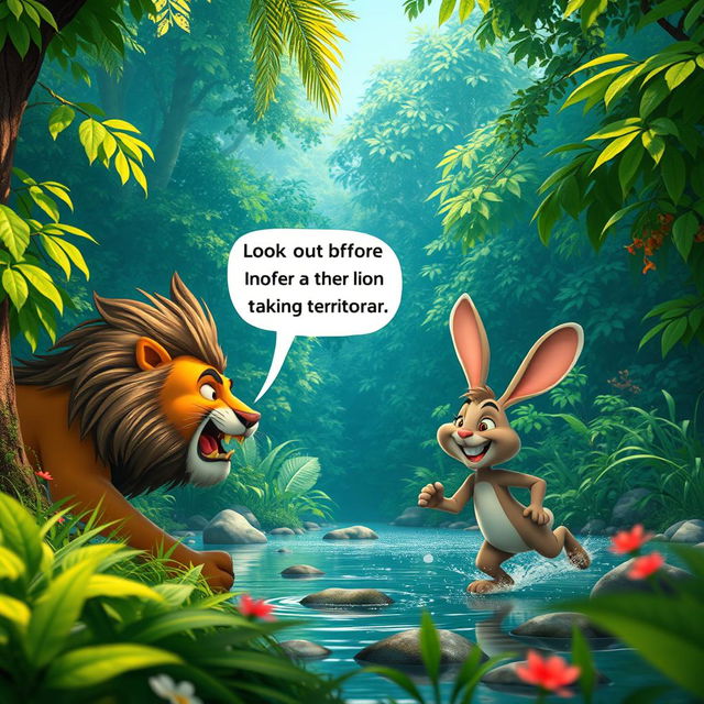 In a vibrant, dense forest filled with lush greenery, a clever little rabbit is depicted cleverly evading dangers with his sharp intelligence