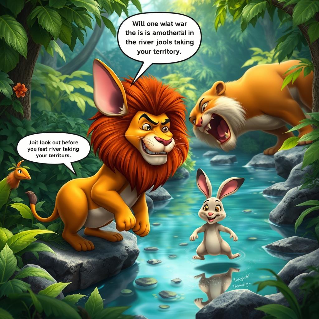 In a vibrant, dense forest filled with lush greenery, a clever little rabbit is depicted cleverly evading dangers with his sharp intelligence
