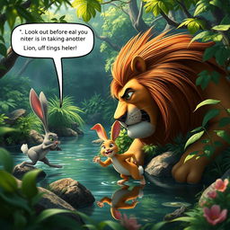 In a vibrant, dense forest filled with lush greenery, a clever little rabbit is depicted cleverly evading dangers with his sharp intelligence