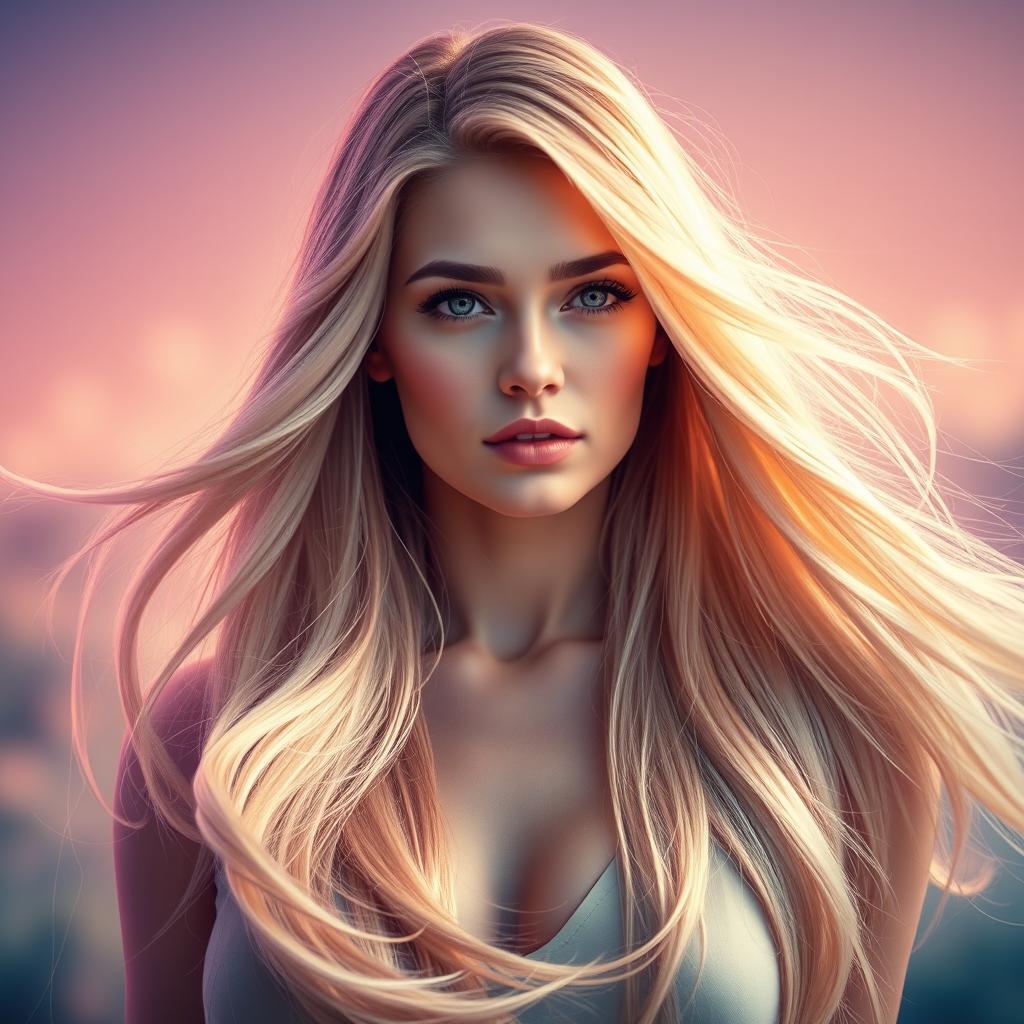 A vibrant and visually striking image of a woman with long, silky, and well-hydrated blonde hair