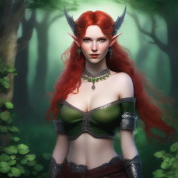 This realistic digital art image portrays a sensual red-haired elf woman, embodying the roles of a Viking sex goddess and warrior princess