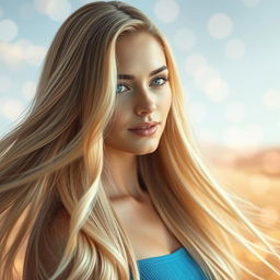 A vibrant and visually striking image of a woman with long, silky, and well-hydrated blonde hair