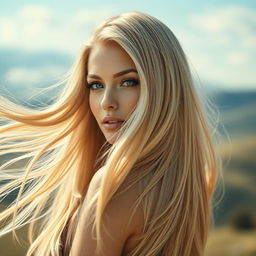 A vibrant and visually striking image of a woman with long, silky, and well-hydrated blonde hair