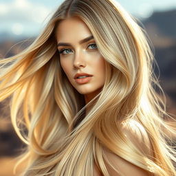 A vibrant and visually striking image of a woman with long, silky, and well-hydrated blonde hair
