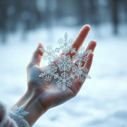 A delicate female soft hand gracefully holding a large and intricate snowflake, showcasing the intricate details of the snowflake's pattern