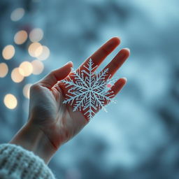 A delicate female soft hand gracefully holding a large and intricate snowflake, showcasing the intricate details of the snowflake's pattern