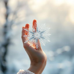 A delicate female soft hand gracefully holding a large and intricate snowflake, showcasing the intricate details of the snowflake's pattern