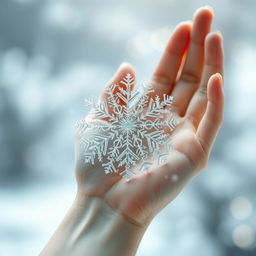 A delicate female soft hand gracefully holding a large and intricate snowflake, showcasing the intricate details of the snowflake's pattern