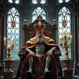 A majestic king seated on a grand throne in an opulent castle