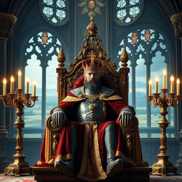 A majestic king seated on a grand throne in an opulent castle