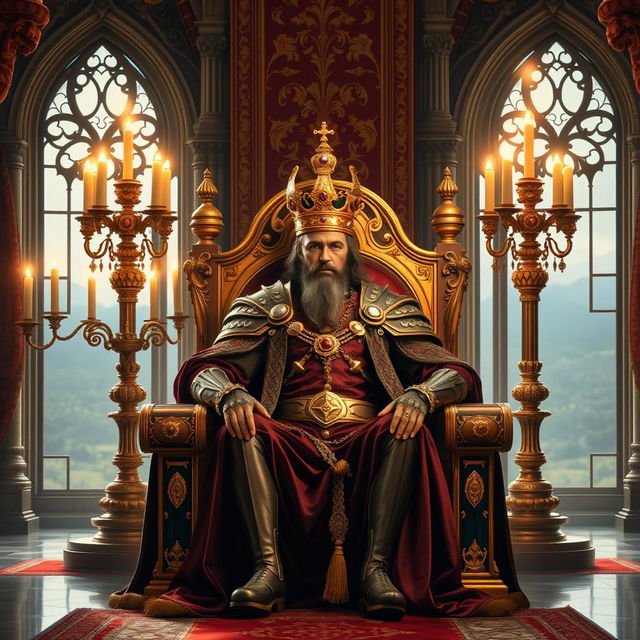 A majestic king seated on a grand throne in an opulent castle