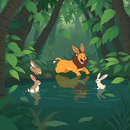 In a dense jungle, a clever little rabbit evades dangers daily