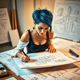 A striking female architect with short hair featuring vibrant blue strands, intensely focused as she draws on a detailed architectural plan spread across a drafting table