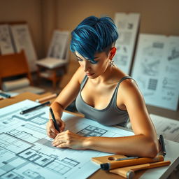 A striking female architect with short hair featuring vibrant blue strands, intensely focused as she draws on a detailed architectural plan spread across a drafting table