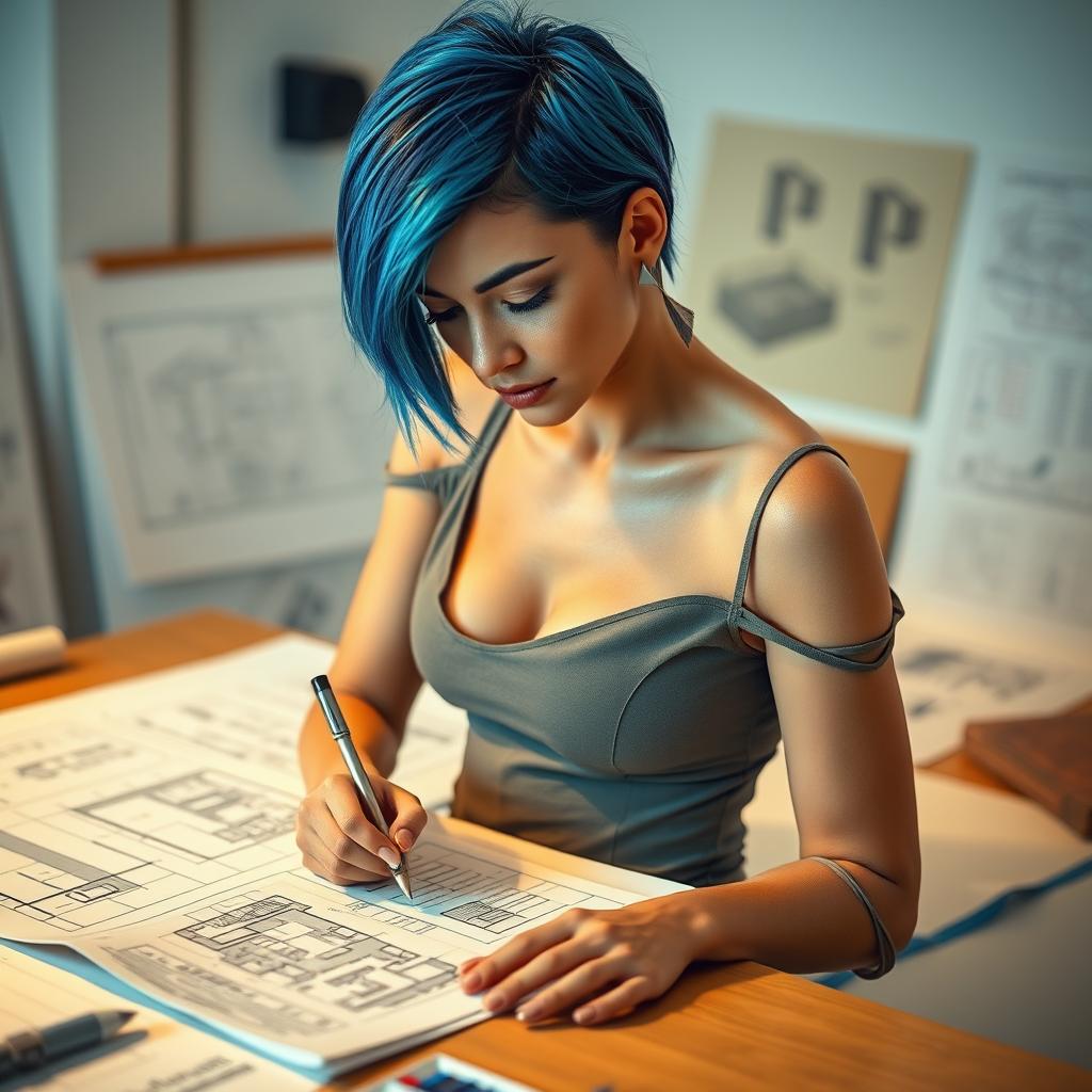 A striking female architect with short hair featuring vibrant blue strands, intensely focused as she draws on a detailed architectural plan spread across a drafting table