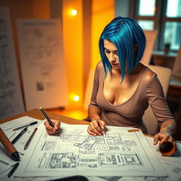 A striking female architect with short hair featuring vibrant blue strands, intensely focused as she draws on a detailed architectural plan spread across a drafting table