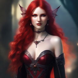 This digital art image features a sensual and provocative red-haired elf woman