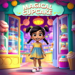 Riya, a young girl of Indian origin with two long ponytails, displays an excited expression as she steps into a colorful shop labeled "Magical Cupcakes
