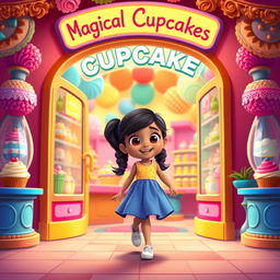 Riya, a young girl of Indian origin with two long ponytails, displays an excited expression as she steps into a colorful shop labeled "Magical Cupcakes