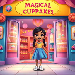 Riya, a young girl of Indian origin with two long ponytails, displays an excited expression as she steps into a colorful shop labeled "Magical Cupcakes