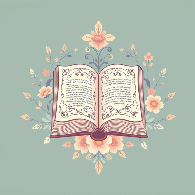 an aesthetic book icon designed for a website, featuring a stylized open book with intricate details, soft pastel colors, and elegant linework, surrounded by decorative elements such as flowers and leaves, centered in a 512 by 512 pixels canvas, with a harmonious and inviting design