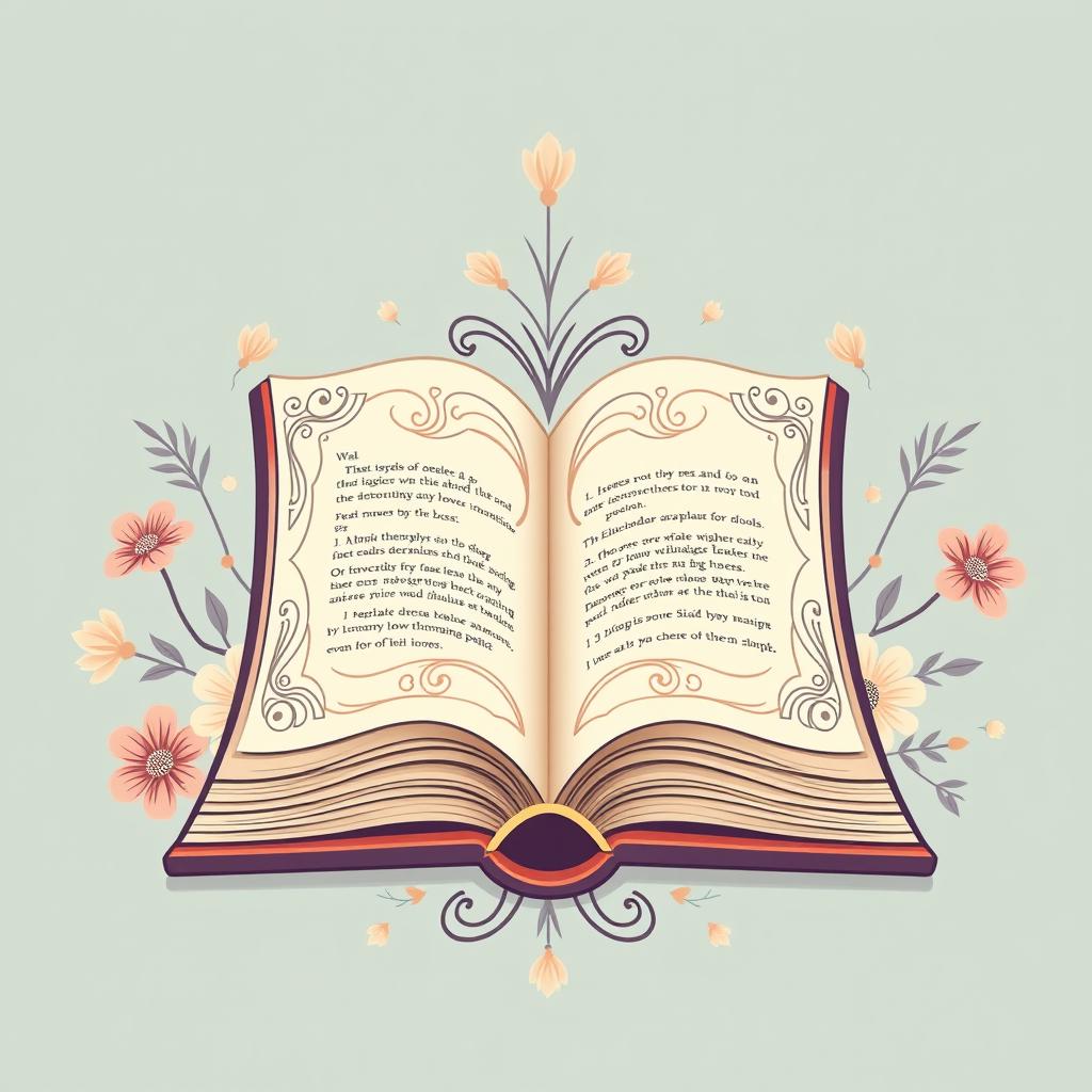 an aesthetic book icon designed for a website, featuring a stylized open book with intricate details, soft pastel colors, and elegant linework, surrounded by decorative elements such as flowers and leaves, centered in a 512 by 512 pixels canvas, with a harmonious and inviting design