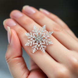 A close-up image of a delicate female hand gently holding a unique snowflake, showcasing the intricate patterns and crystals of the snowflake