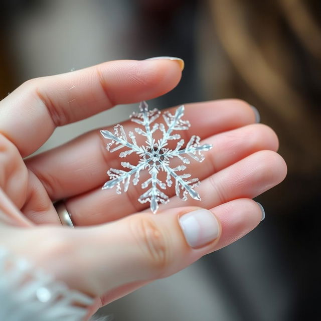A close-up image of a delicate female hand gently holding a unique snowflake, showcasing the intricate patterns and crystals of the snowflake