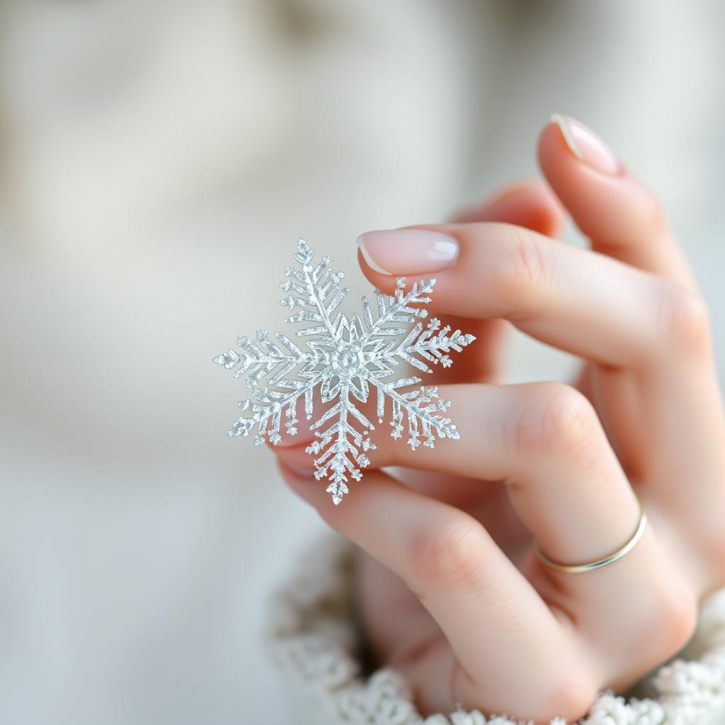 A close-up image of a delicate female hand gently holding a unique snowflake, showcasing the intricate patterns and crystals of the snowflake