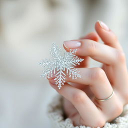 A close-up image of a delicate female hand gently holding a unique snowflake, showcasing the intricate patterns and crystals of the snowflake