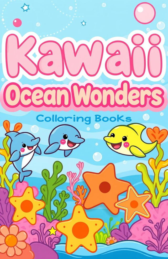 A vibrant and engaging cover design for the book titled 'Kawaii Ocean Wonders: A Relaxing Coloring Book for Kids'