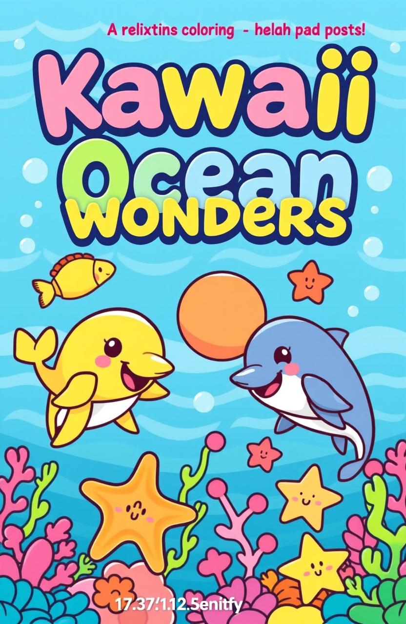 A vibrant and engaging cover design for the book titled 'Kawaii Ocean Wonders: A Relaxing Coloring Book for Kids'