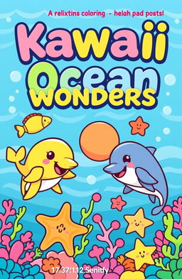 A vibrant and engaging cover design for the book titled 'Kawaii Ocean Wonders: A Relaxing Coloring Book for Kids'