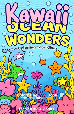 A vibrant and engaging cover design for the book titled 'Kawaii Ocean Wonders: A Relaxing Coloring Book for Kids'