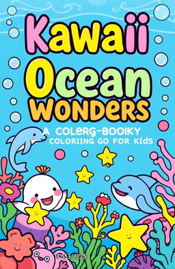 A vibrant and engaging cover design for the book titled 'Kawaii Ocean Wonders: A Relaxing Coloring Book for Kids'