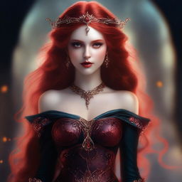 This digital art image features a sensual and provocative red-haired elf woman