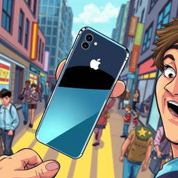 An illustration capturing the moment of an iPhone falling from a person's hand, with a look of surprise on their face