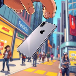 An illustration capturing the moment of an iPhone falling from a person's hand, with a look of surprise on their face
