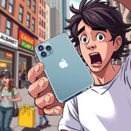 An illustration capturing the moment of an iPhone falling from a person's hand, with a look of surprise on their face